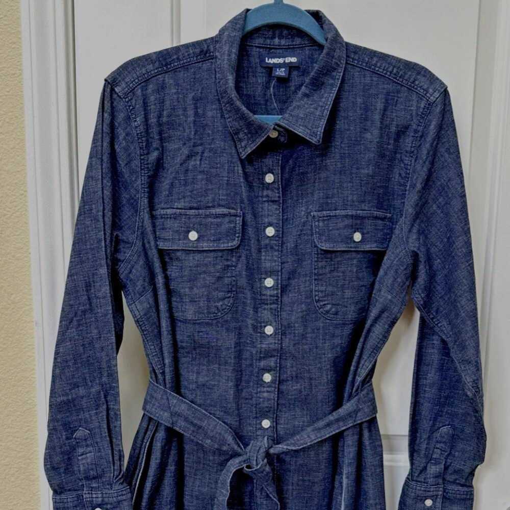 Lands' End cotton button front long sleeve Denim Shirtdress  NWOT size PM